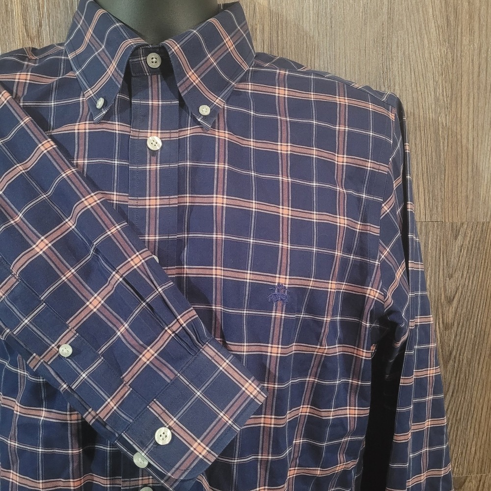 Brooks Brothers Regent Button Down Shirt Sz M Blue/Peach Plaid Non-Iron Supima